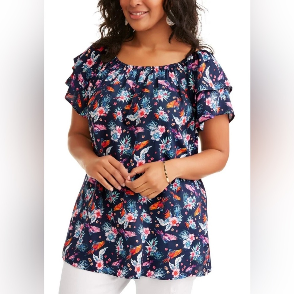 Terra & Sky Women’s Plus Double Layer Sleeve Peasant Top, Blue Sapphire, Size 1X - Picture 2 of 8